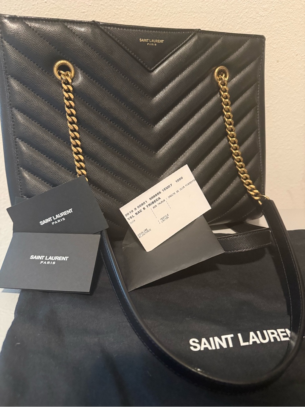 Saint Laurent Black Chevron Quilted Shoulder Bag with Gold Chain Strap